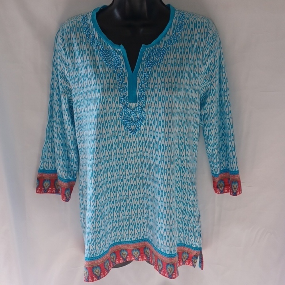 Jones New York Signature 3/4 Sleeve Blue White Pink Embellished Knit Top Women M